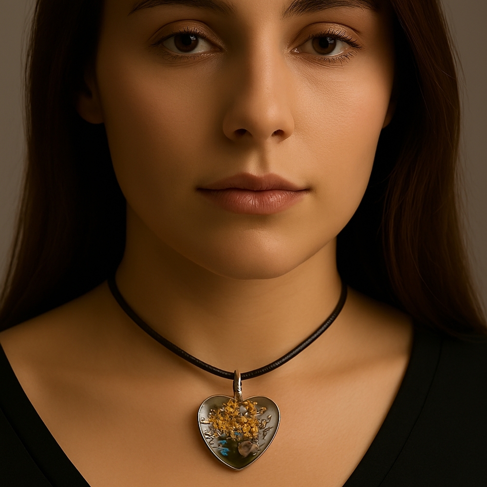 Heart-Shaped Tree Pendant Necklace Yellow Floral 18" Black Cord Fashion Jewelry